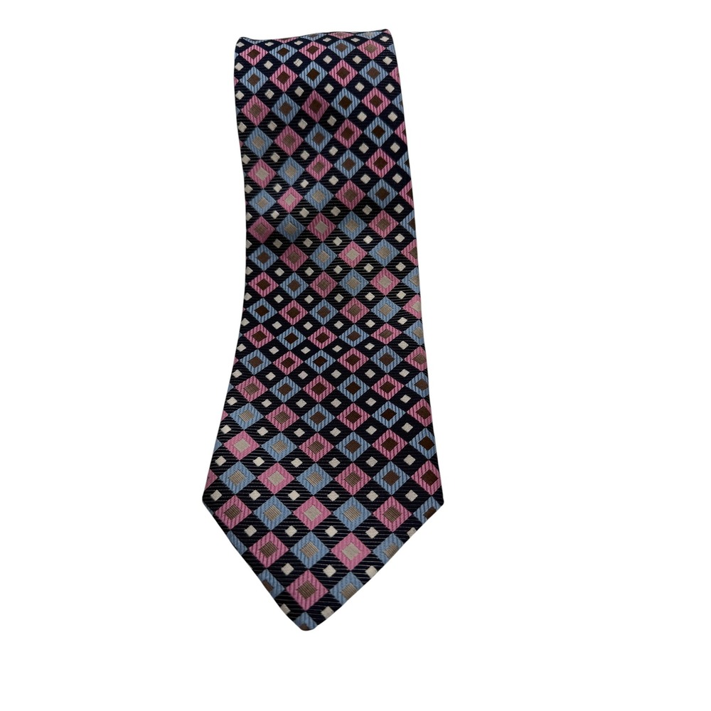 Polifroni Milano Mens Silk Tie Navy Pink  Geometric Diamond Pattern Italy (TD22)